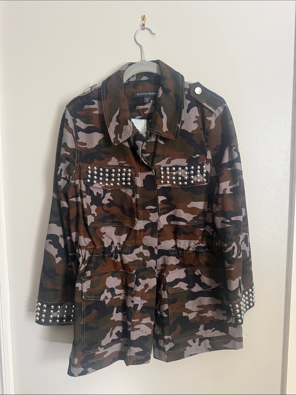 Boston Proper Olive Brown Camouflage Utility Jacket with Stud Details